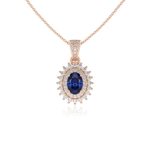 lab grown blue-sapphire oval halo necklaces in rose gold 