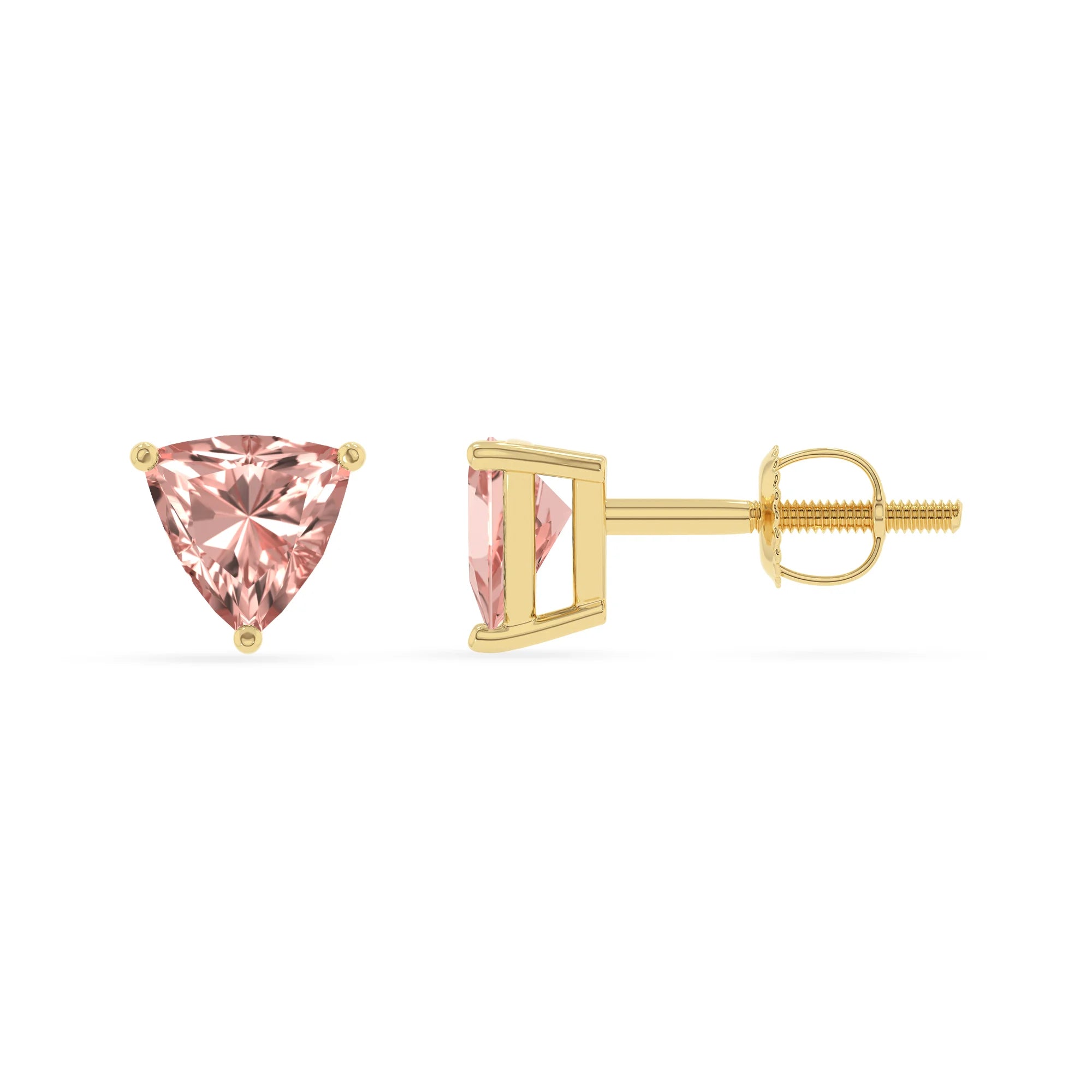 lab grown morganite trillion stud earrings in yellow gold 