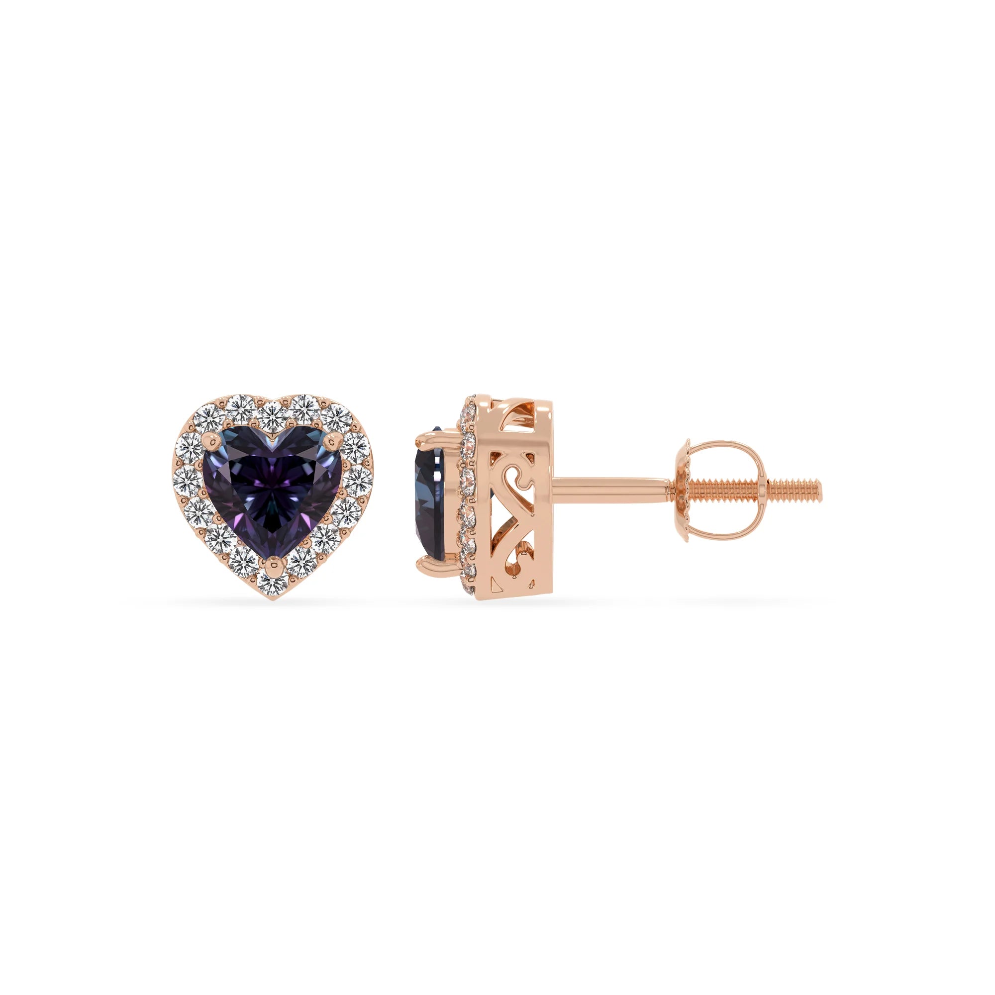 lab grown alexandrite heart stud earrings in rose gold 