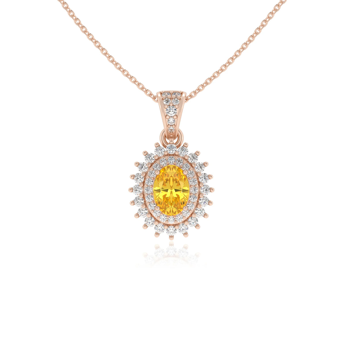 lab grown yellow-sapphire oval halo necklaces in rose gold 