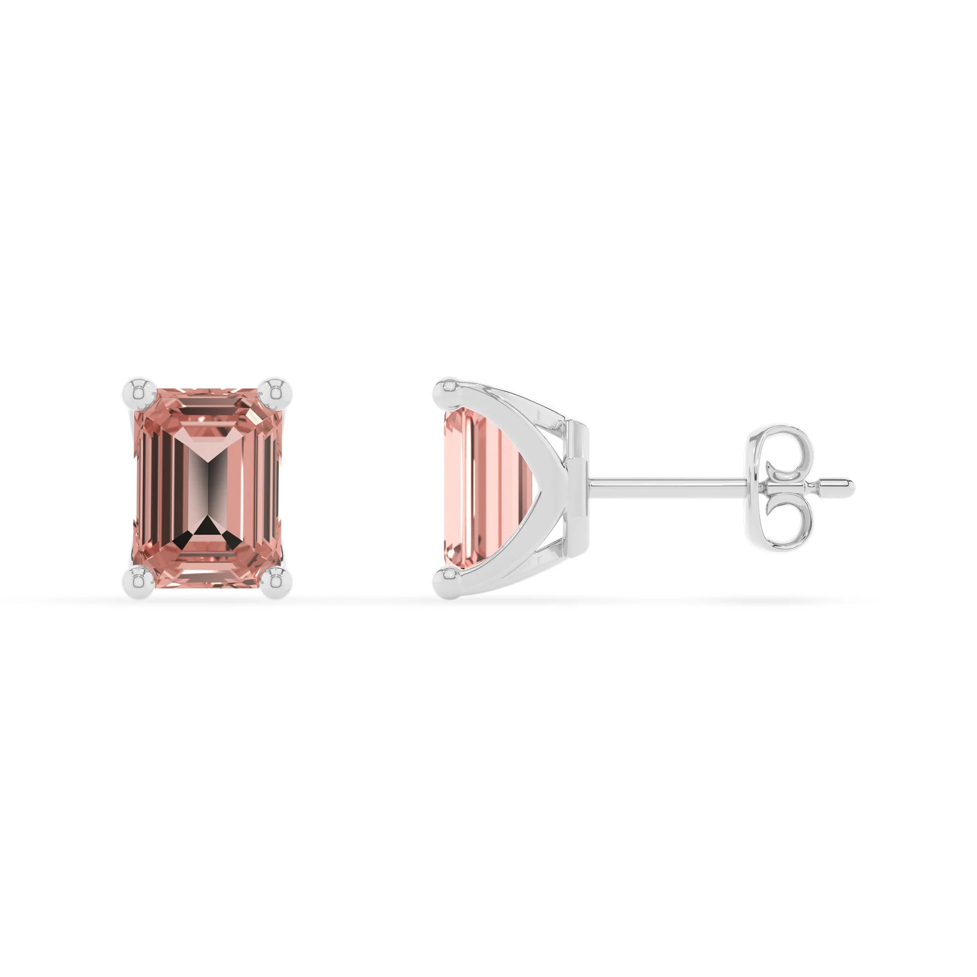 lab grown morganite emerald cut stud earrings in white gold 