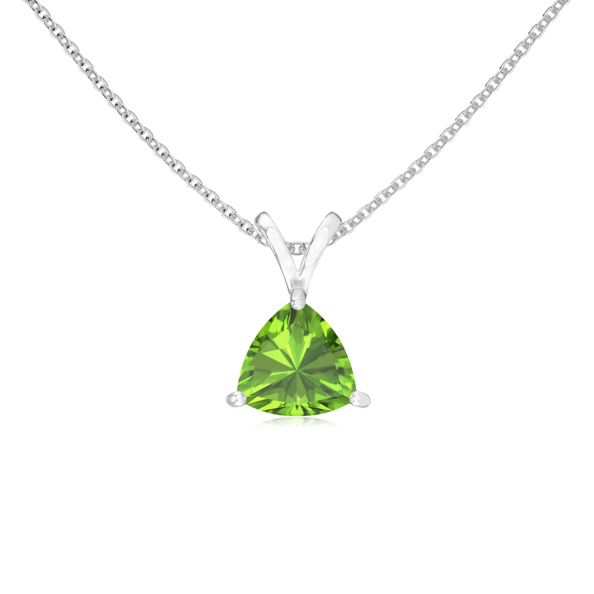 natural peridot trillion solitaire v-bale necklaces in platinum 