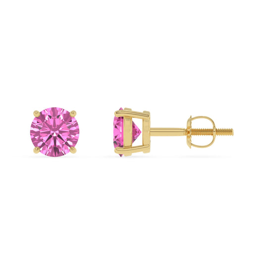lab grown pink sapphire round stud earrings in yellow gold 