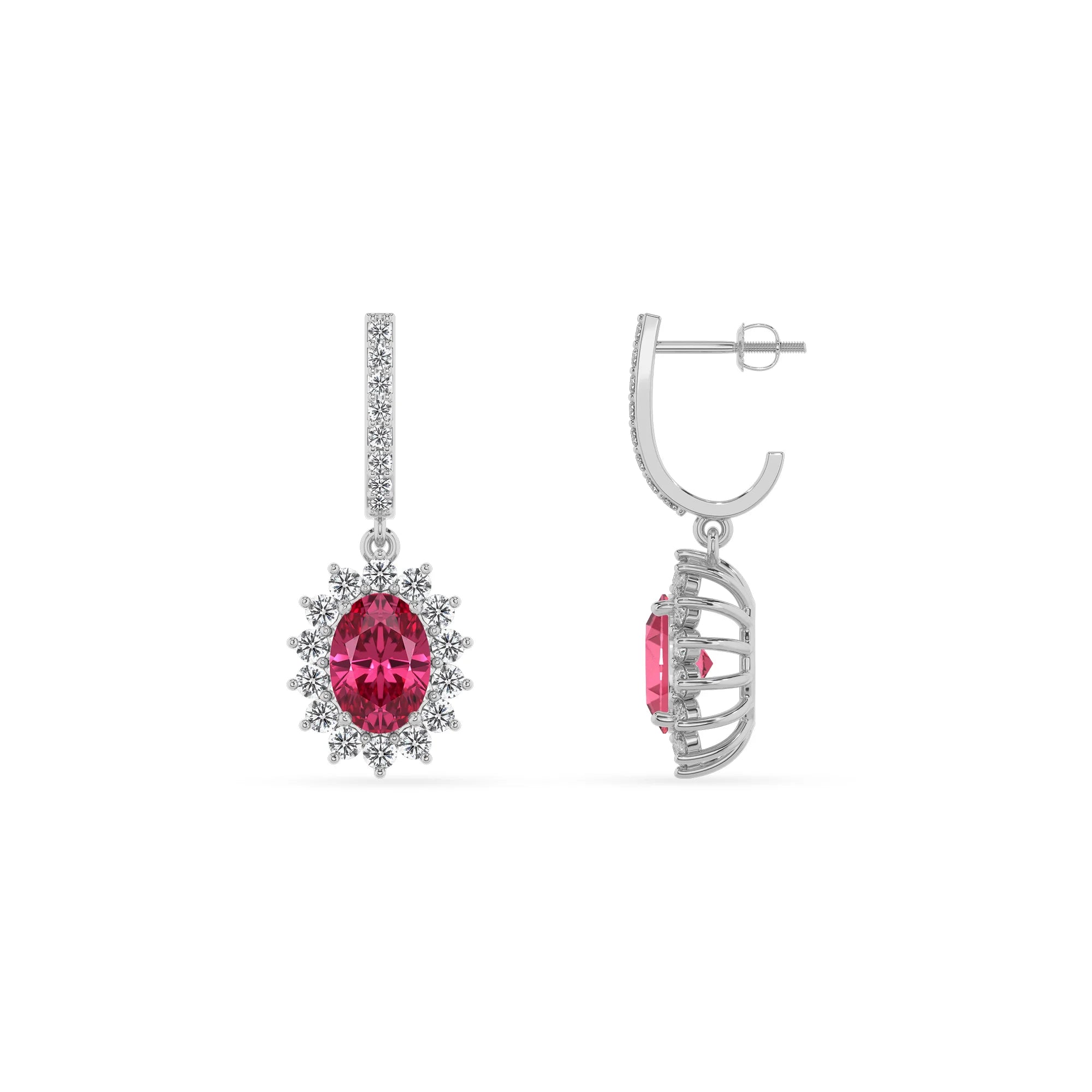 lab grown pink tourmaline oval drop earrings in white gold 