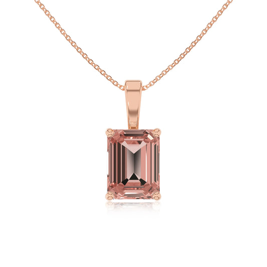 lab grown morganite emerald cut solitaire necklaces in rose gold 