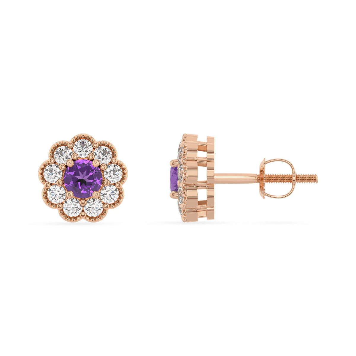 lab grown amethyst round stud earrings in rose gold 