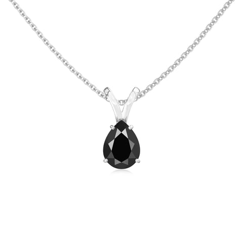 Natural Black Onyx Pear Solitaire V-Bale Pendant Necklace with 18" Chain