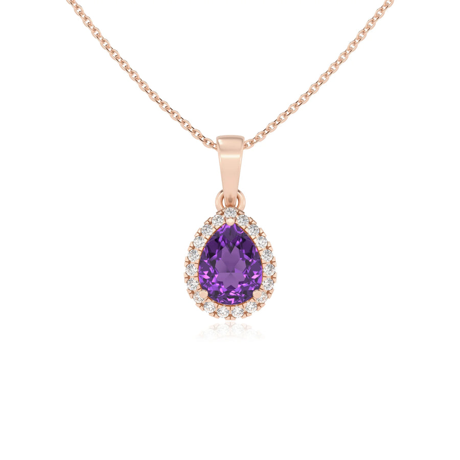 lab grown amethyst pear solitaire necklaces in rose gold 