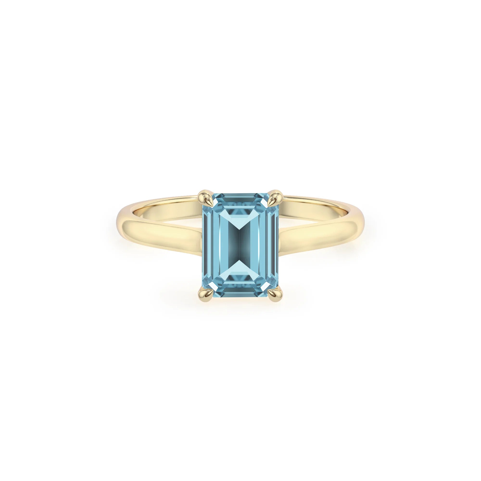 lab grown aquamarine emerald cut solitaire rings in yellow gold 