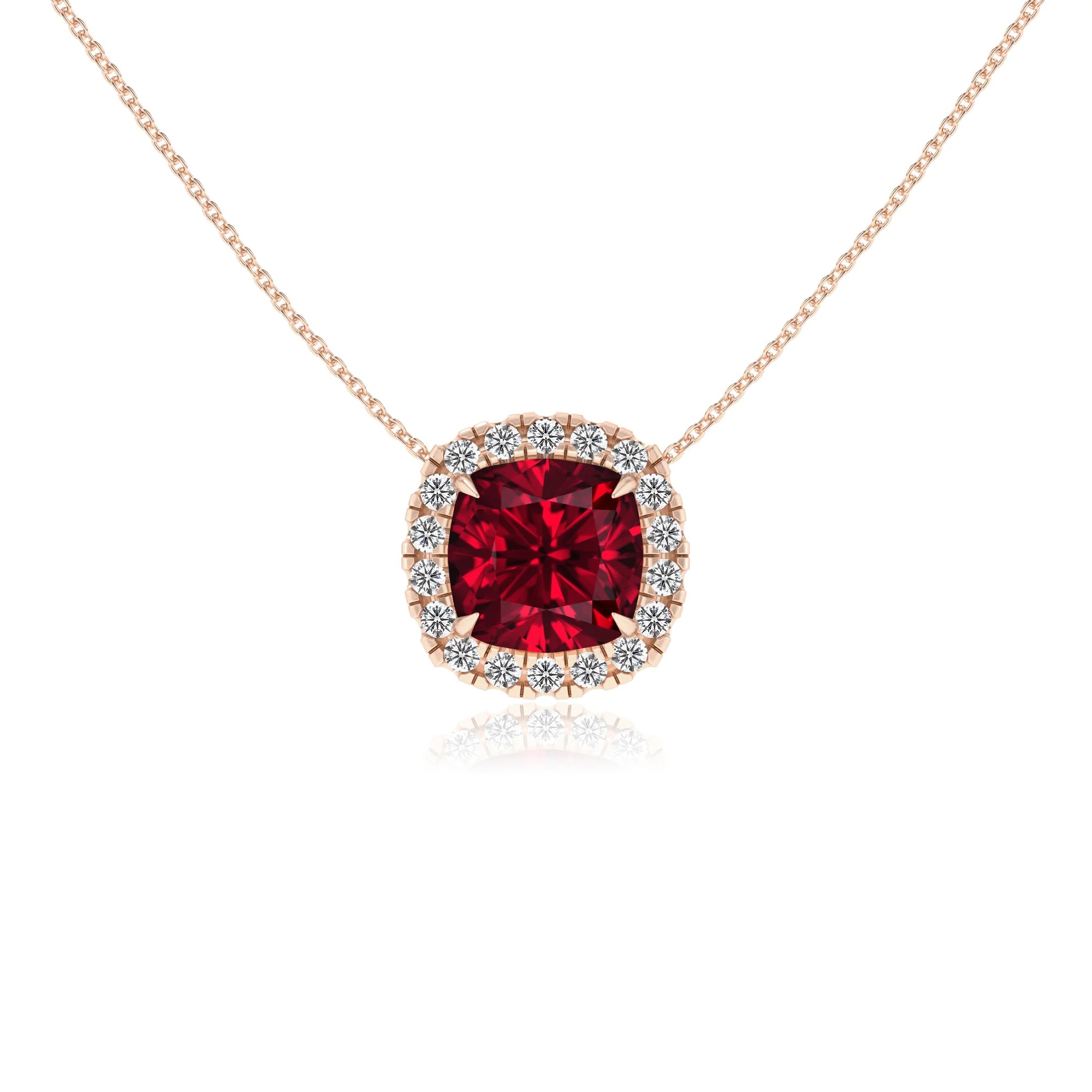 lab grown ruby cushion solitaire necklaces in rose gold 