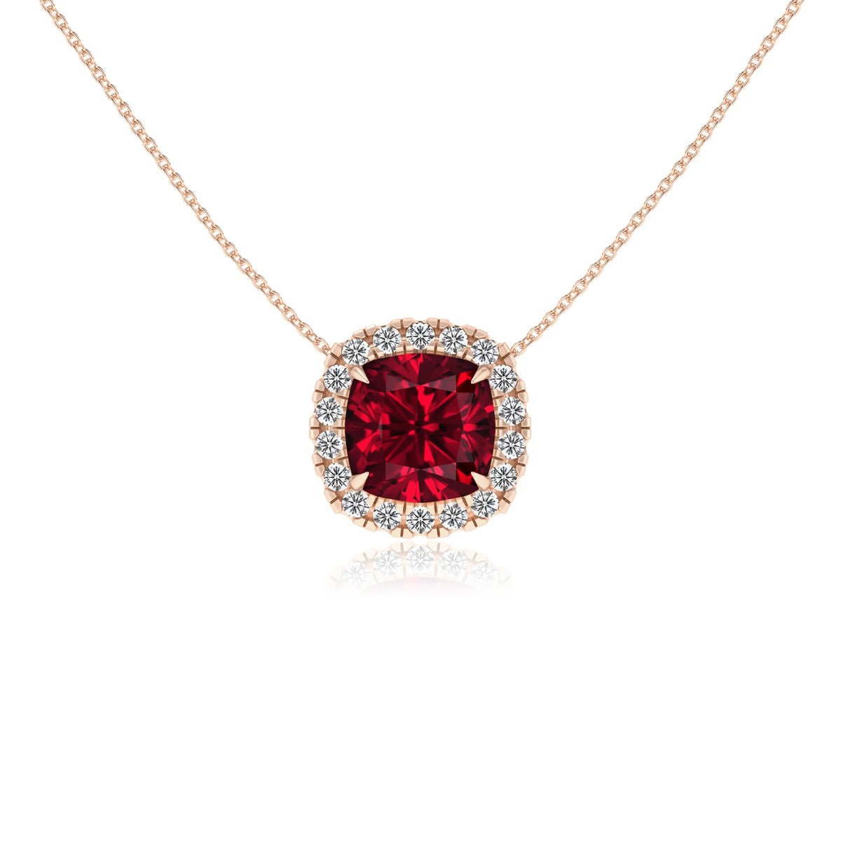lab grown ruby cushion solitaire necklaces in rose gold 