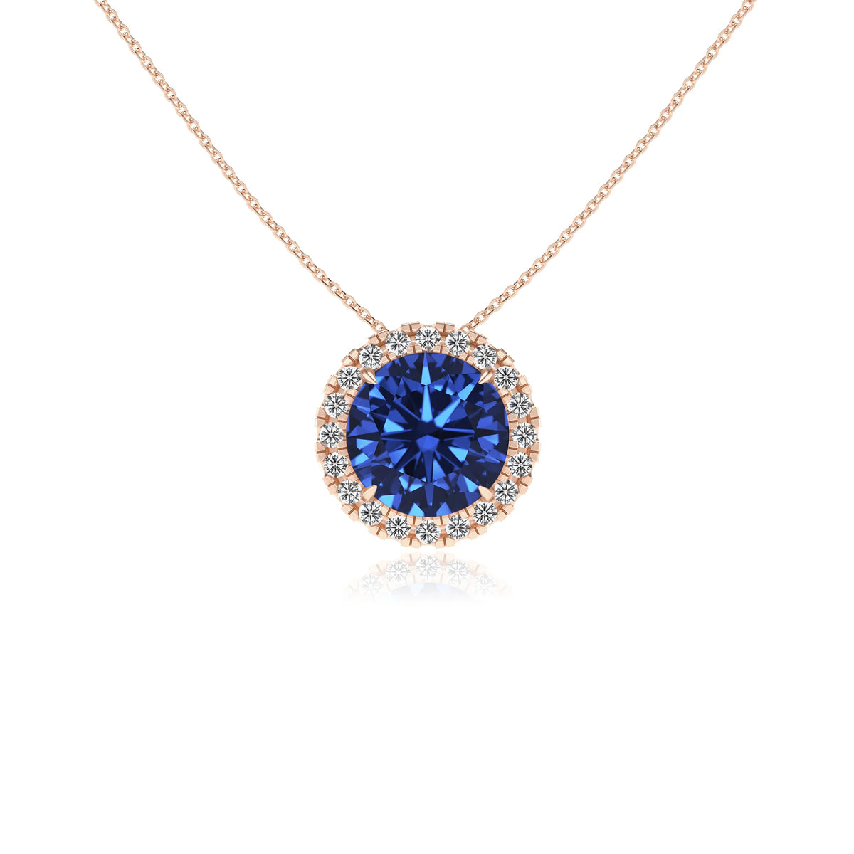 lab grown blue sapphire round solitaire necklaces in rose gold 