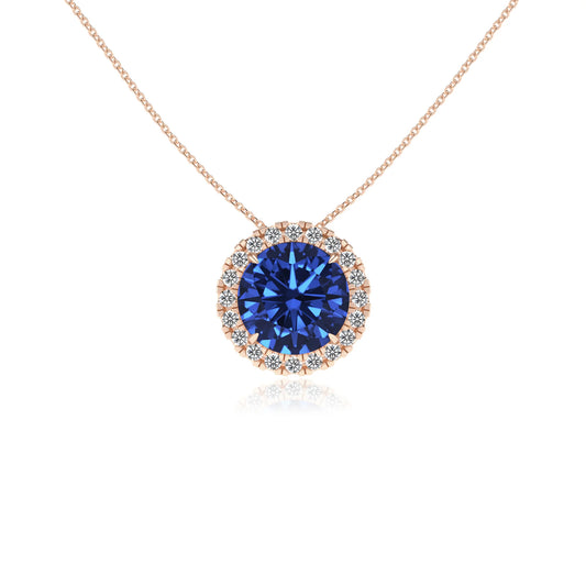 lab grown blue sapphire round solitaire necklaces in rose gold 