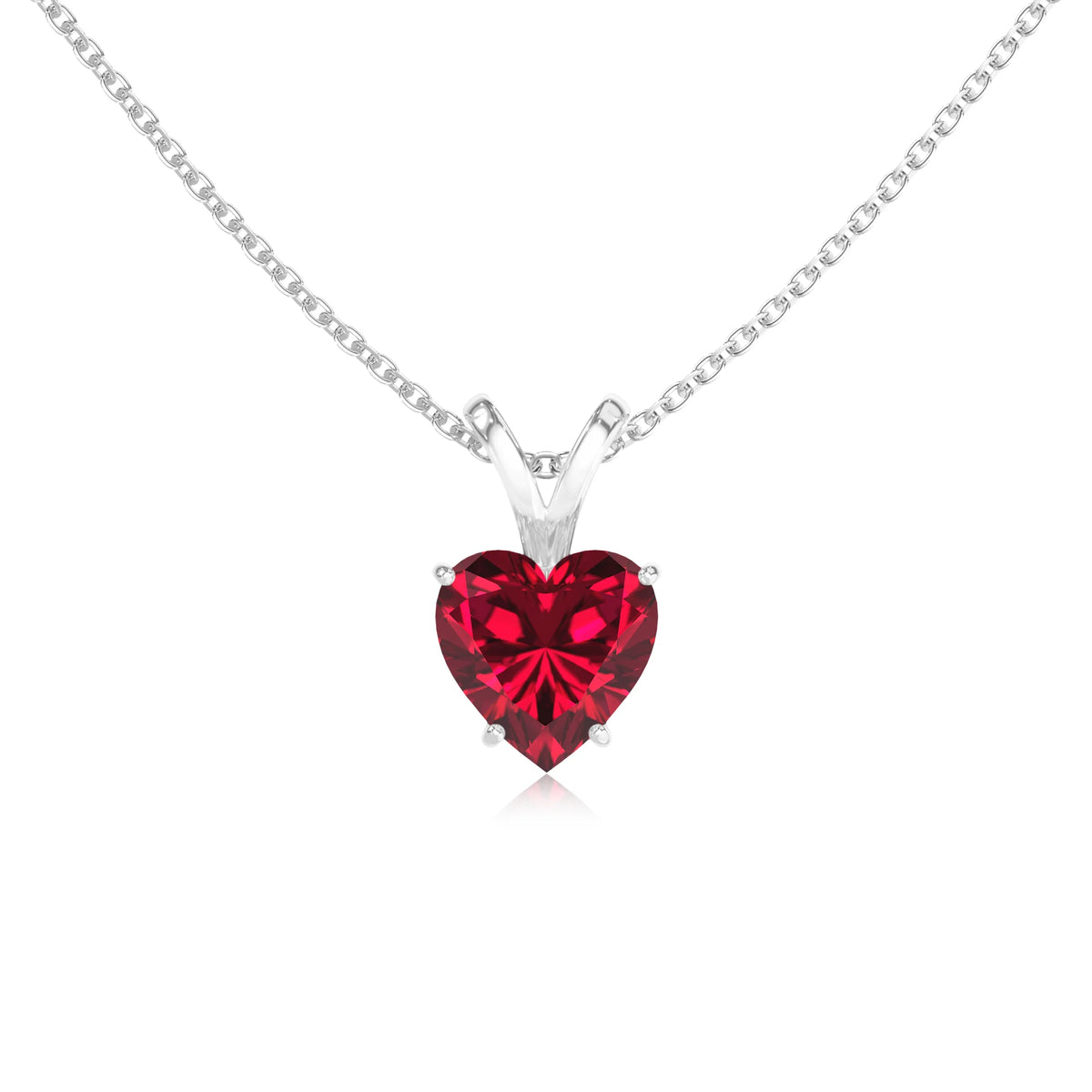 lab grown ruby heart solitaire v-bale necklaces in sterling silver 