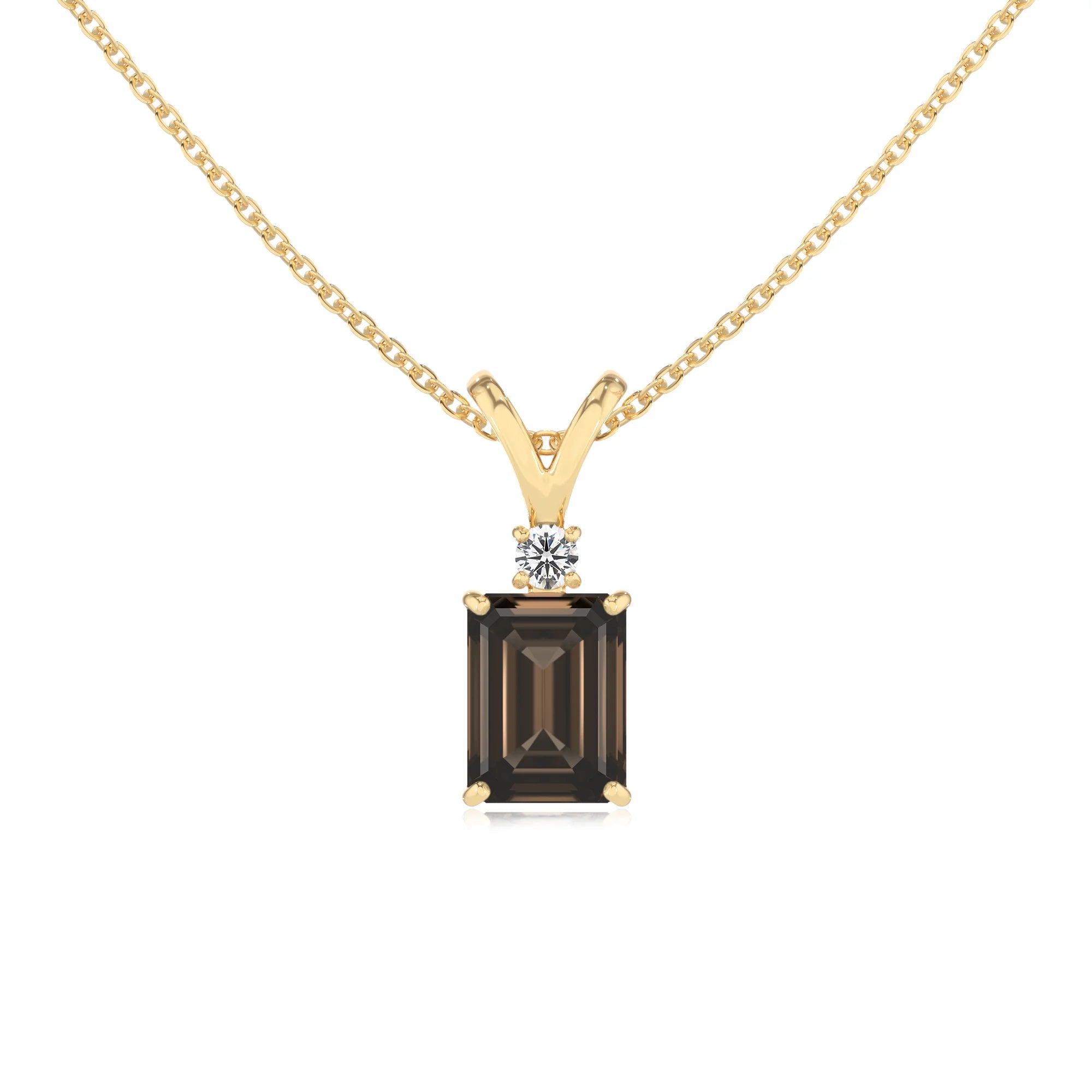 natural smoky-quartz emerald cut solitaire v-bale necklaces in yellow gold 