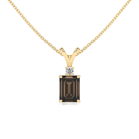 natural smoky-quartz emerald cut solitaire v-bale necklaces in yellow gold 