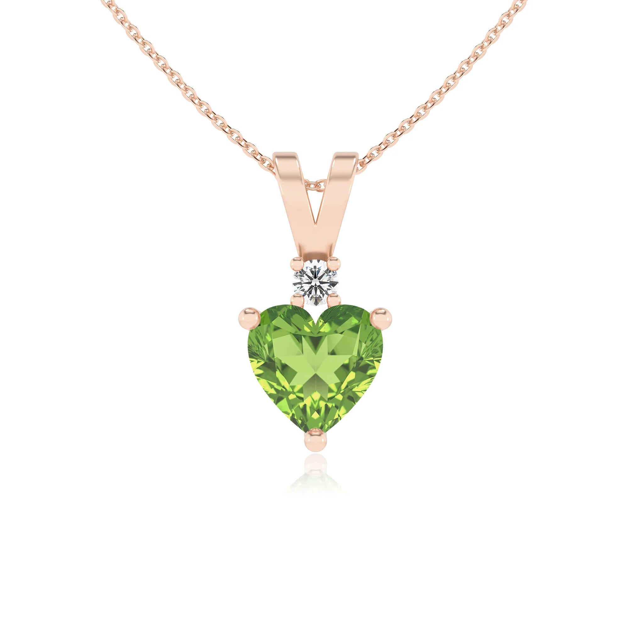 natural peridot heart solitaire v-bale necklaces in rose gold 