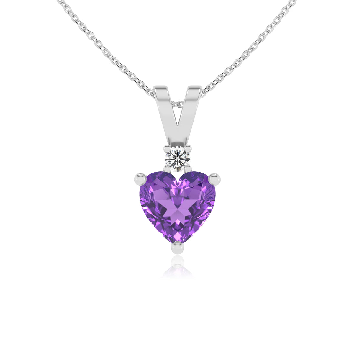 lab grown amethyst heart solitaire v-bale necklaces in white gold 