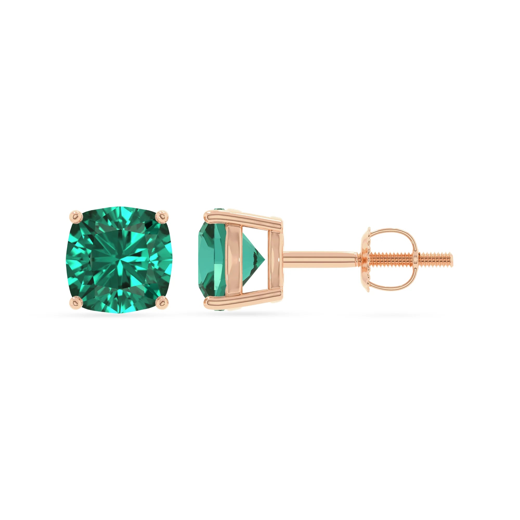 lab grown emerald cushion stud earrings in rose gold 