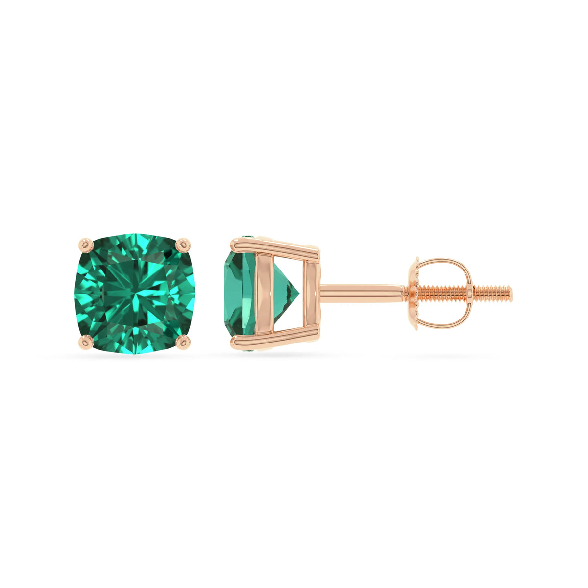 lab grown emerald cushion stud earrings in rose gold 