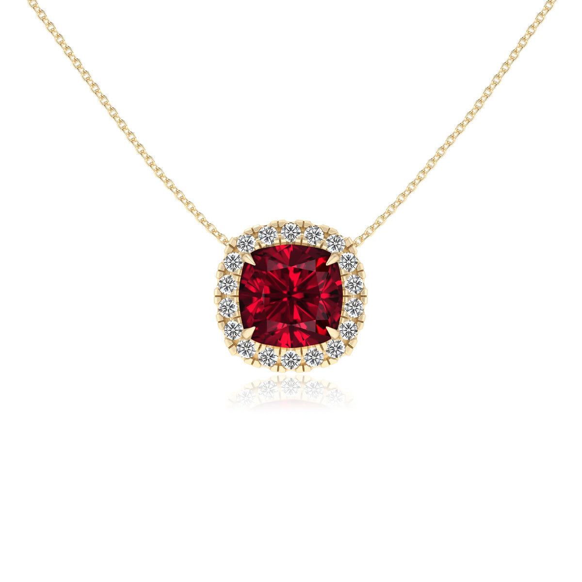 lab grown ruby cushion solitaire necklaces in yellow gold 