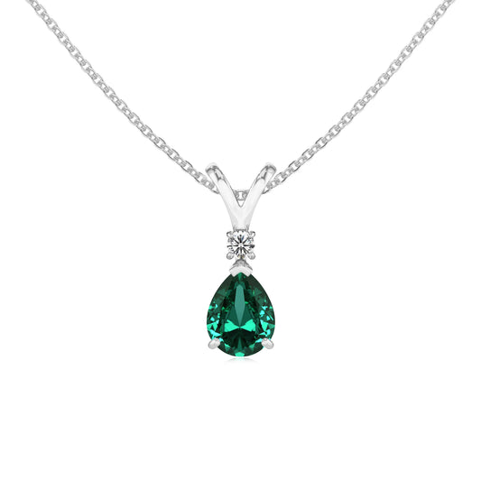 lab grown emerald pear solitaire v-bale necklaces in white gold 