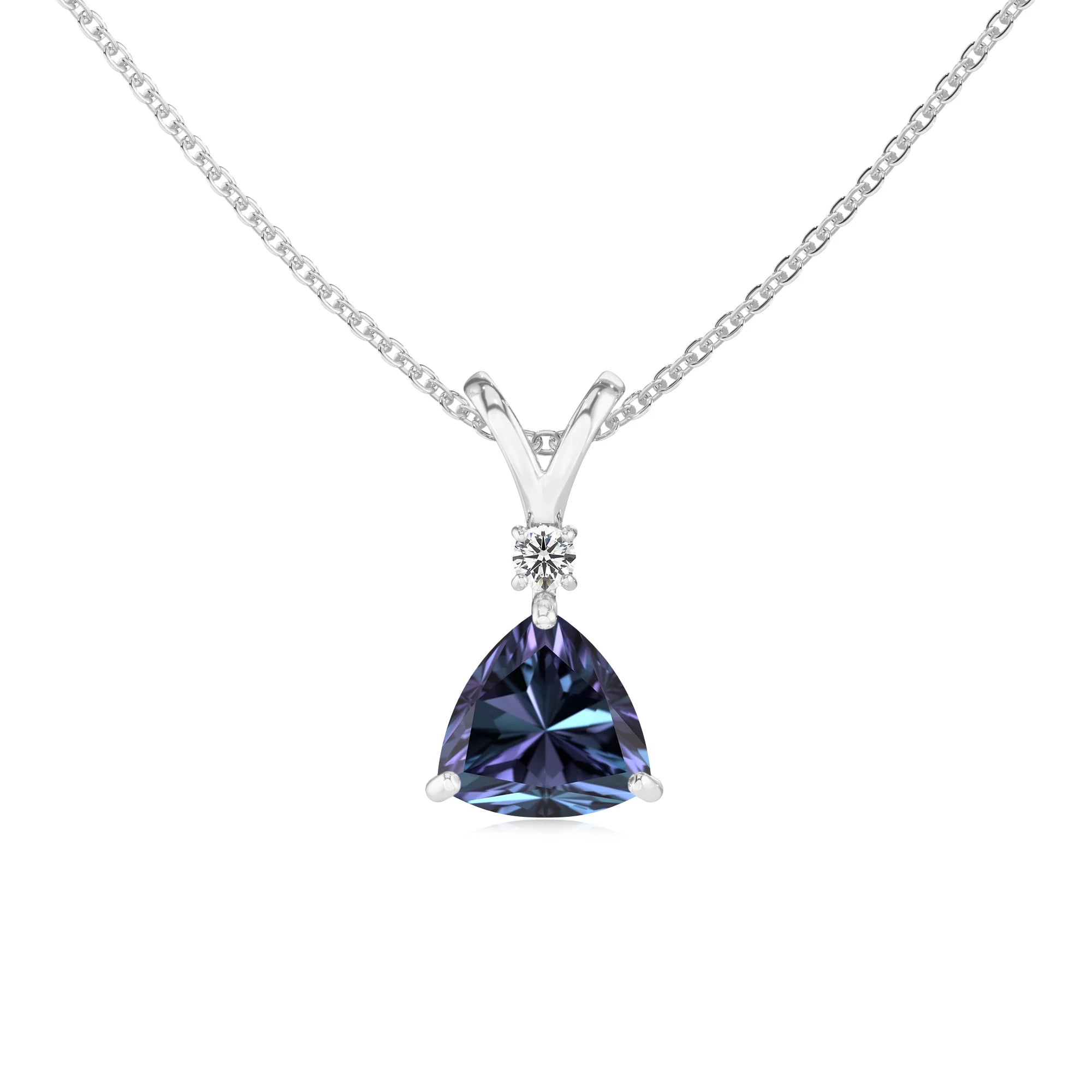 lab grown alexandrite trillion solitaire v-bale necklaces in white gold 
