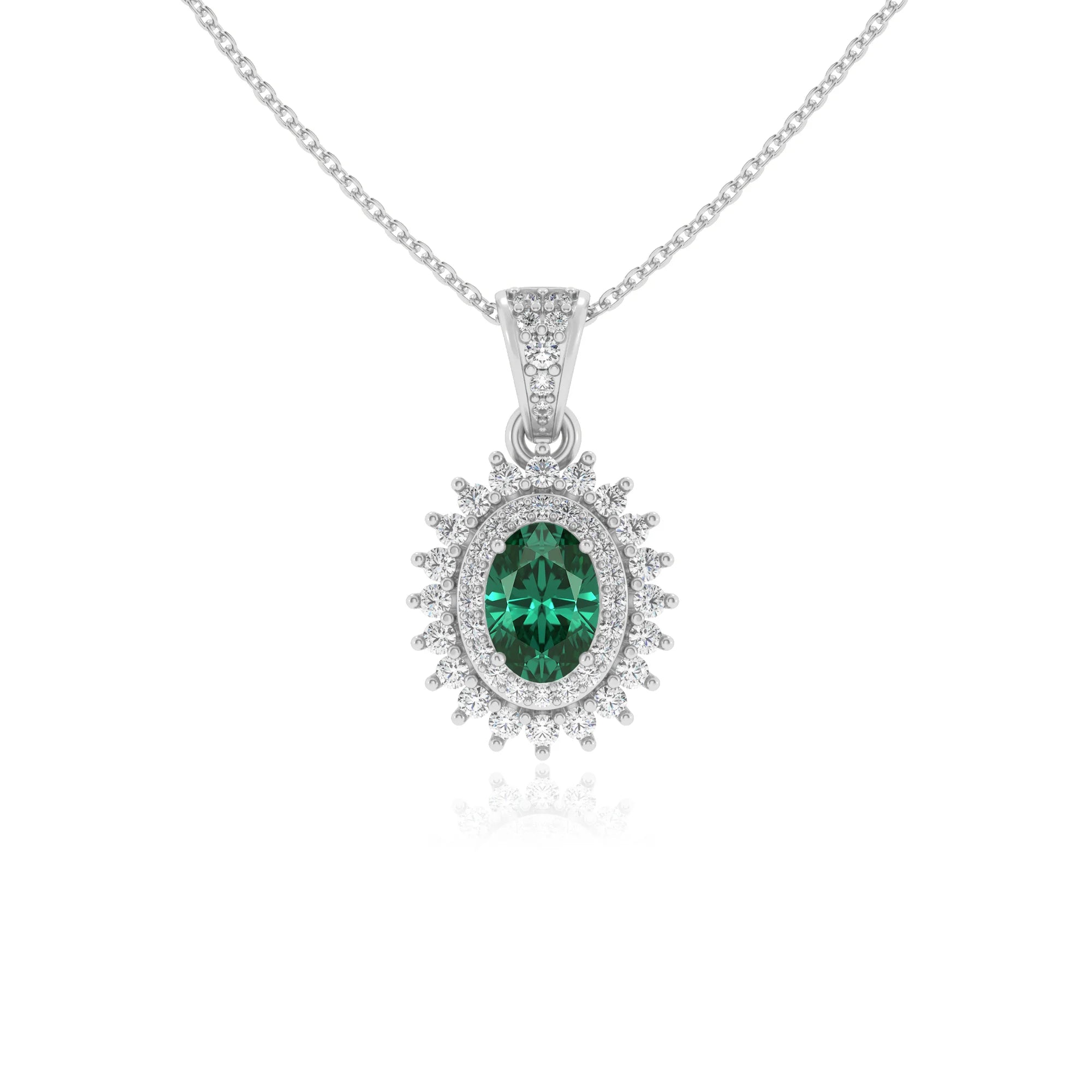 lab grown emerald oval halo necklaces in white gold 