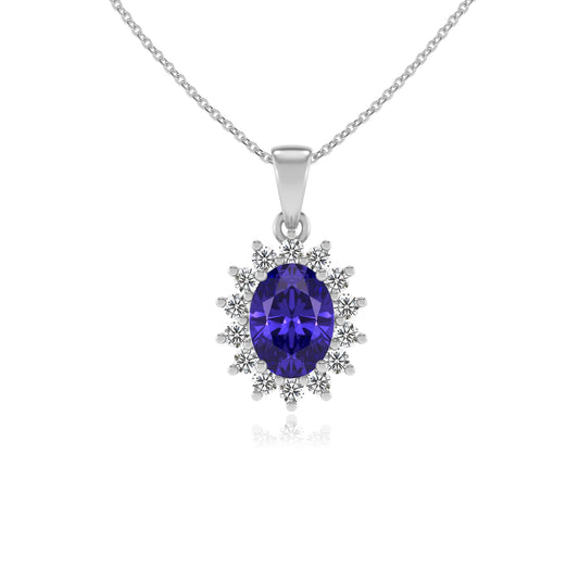 lab grown tanzanite oval halo necklaces in white gold 