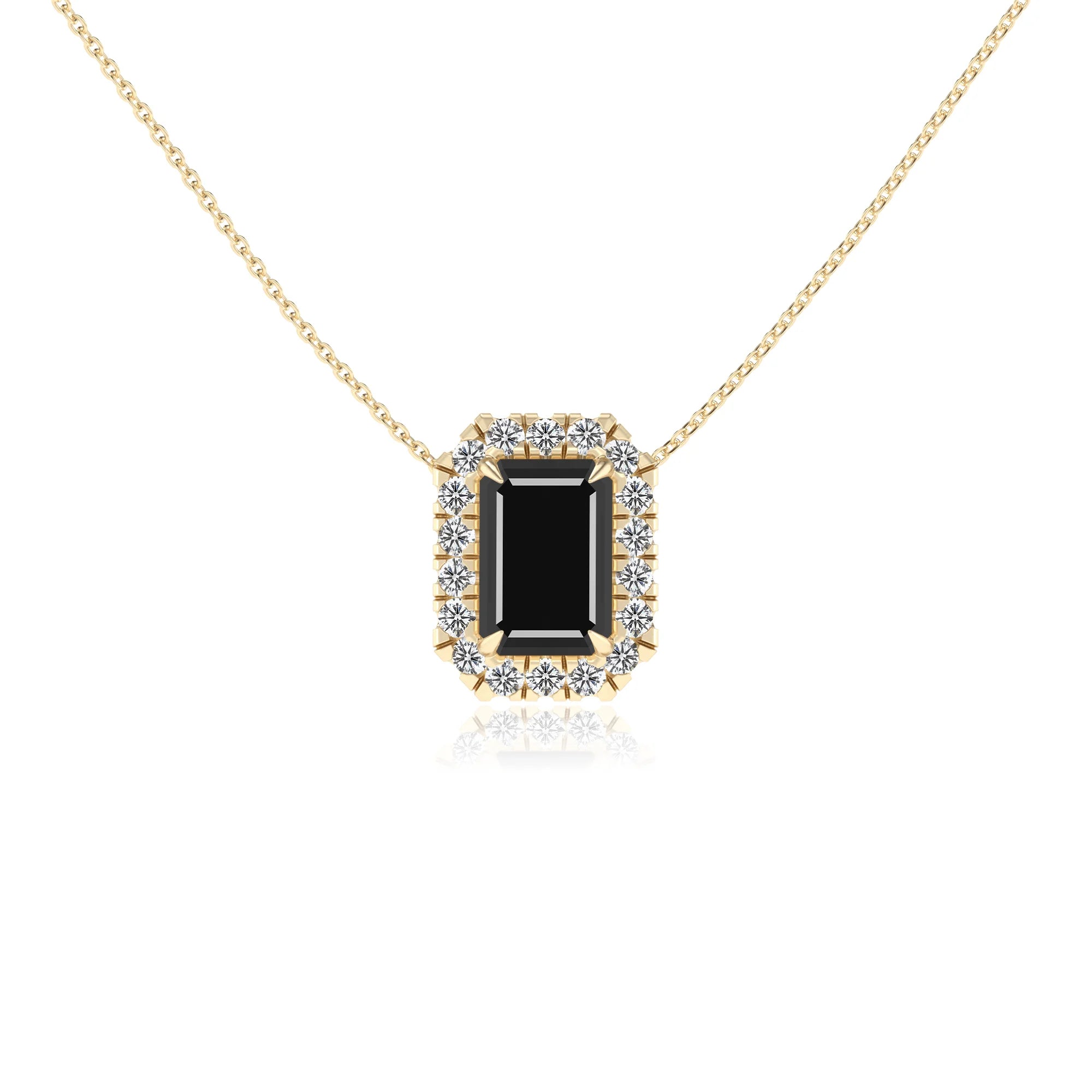 natural black onyx emerald cut solitaire necklaces in yellow gold 