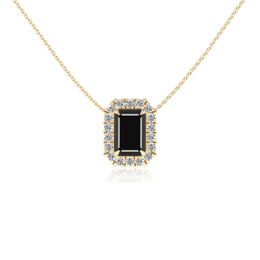 natural black onyx emerald cut solitaire necklaces in yellow gold 