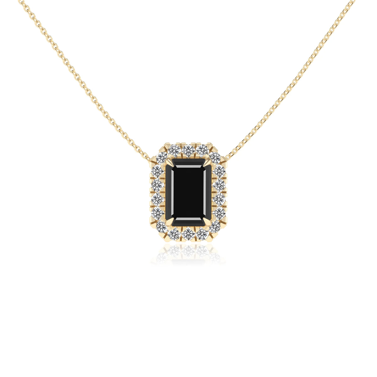 natural black onyx emerald cut solitaire necklaces in yellow gold 