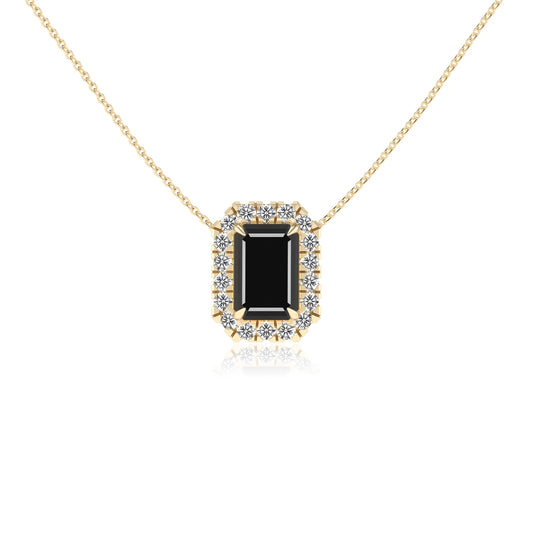 natural black onyx emerald cut solitaire necklaces in yellow gold 
