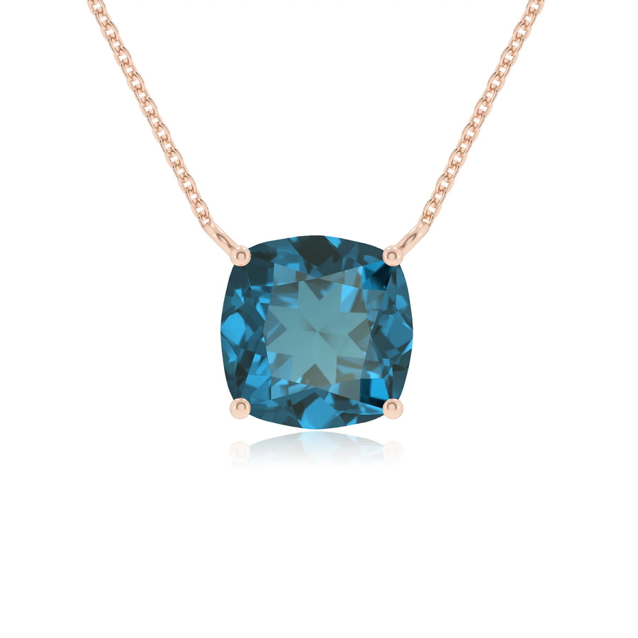natural london-blue-topaz cushion solitaire necklaces in rose gold 