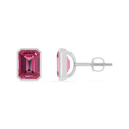 Lab Grown Pink Tourmaline Emerald-Cut Solitaire Stud Earrings