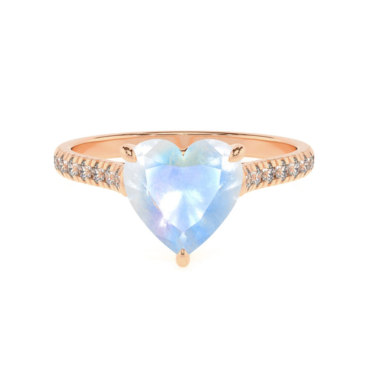 natural rainbow-moonstone heart half eternity solitaire engagement rings in rose gold 