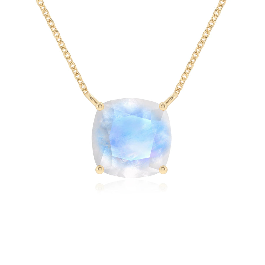 natural rainbow-moonstone cushion solitaire necklaces in yellow gold 