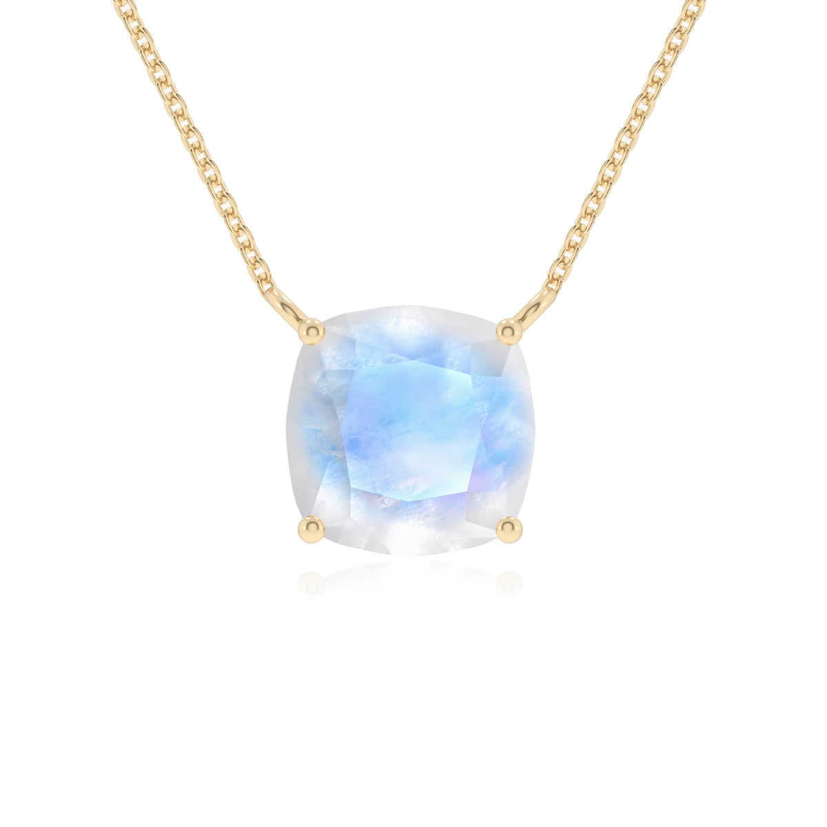 natural rainbow-moonstone cushion solitaire necklaces in yellow gold 