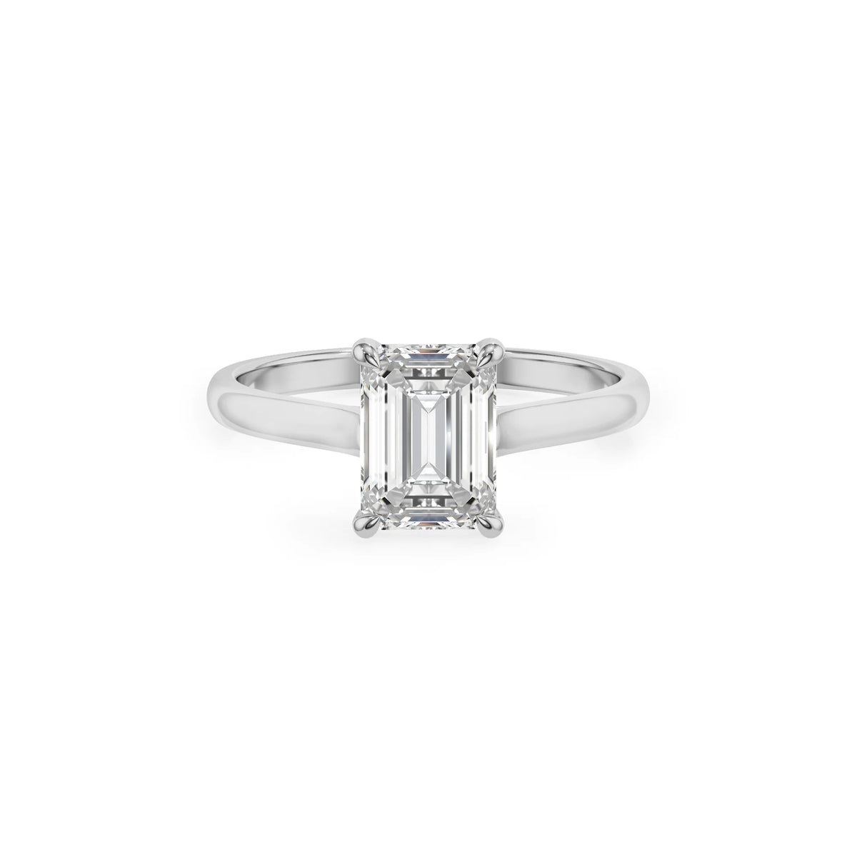 lab grown moissanite emerald cut solitaire rings in white gold 