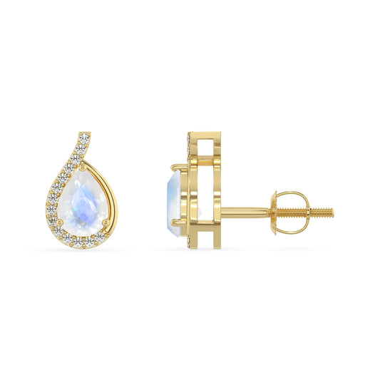 natural rainbow moonstone pear stud earrings in yellow gold 