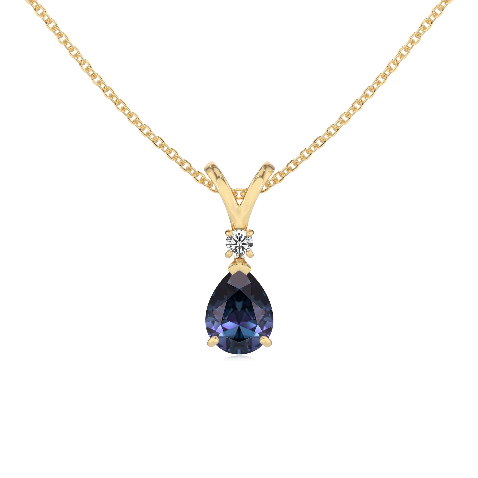 lab grown alexandrite pear solitaire v-bale necklaces in yellow gold 