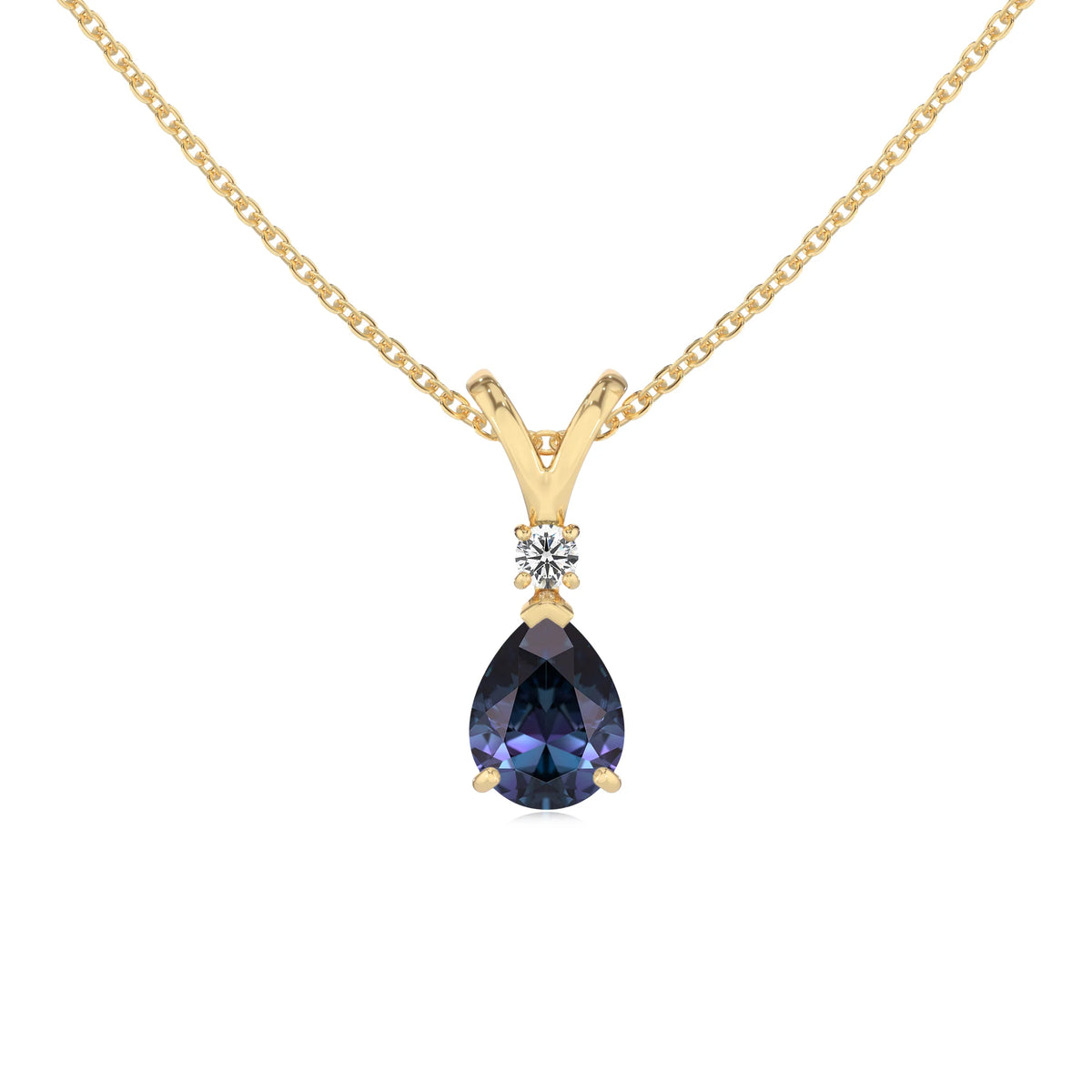 lab grown alexandrite pear solitaire v-bale necklaces in yellow gold 