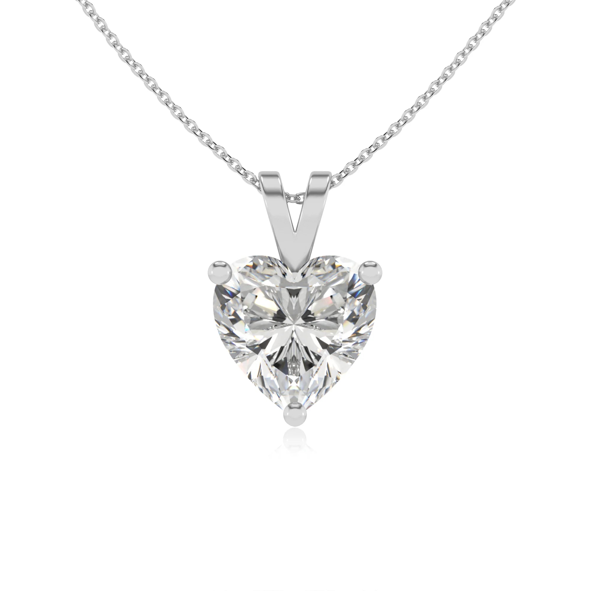 lab grown moissanite heart solitaire v-bale necklaces in sterling silver 