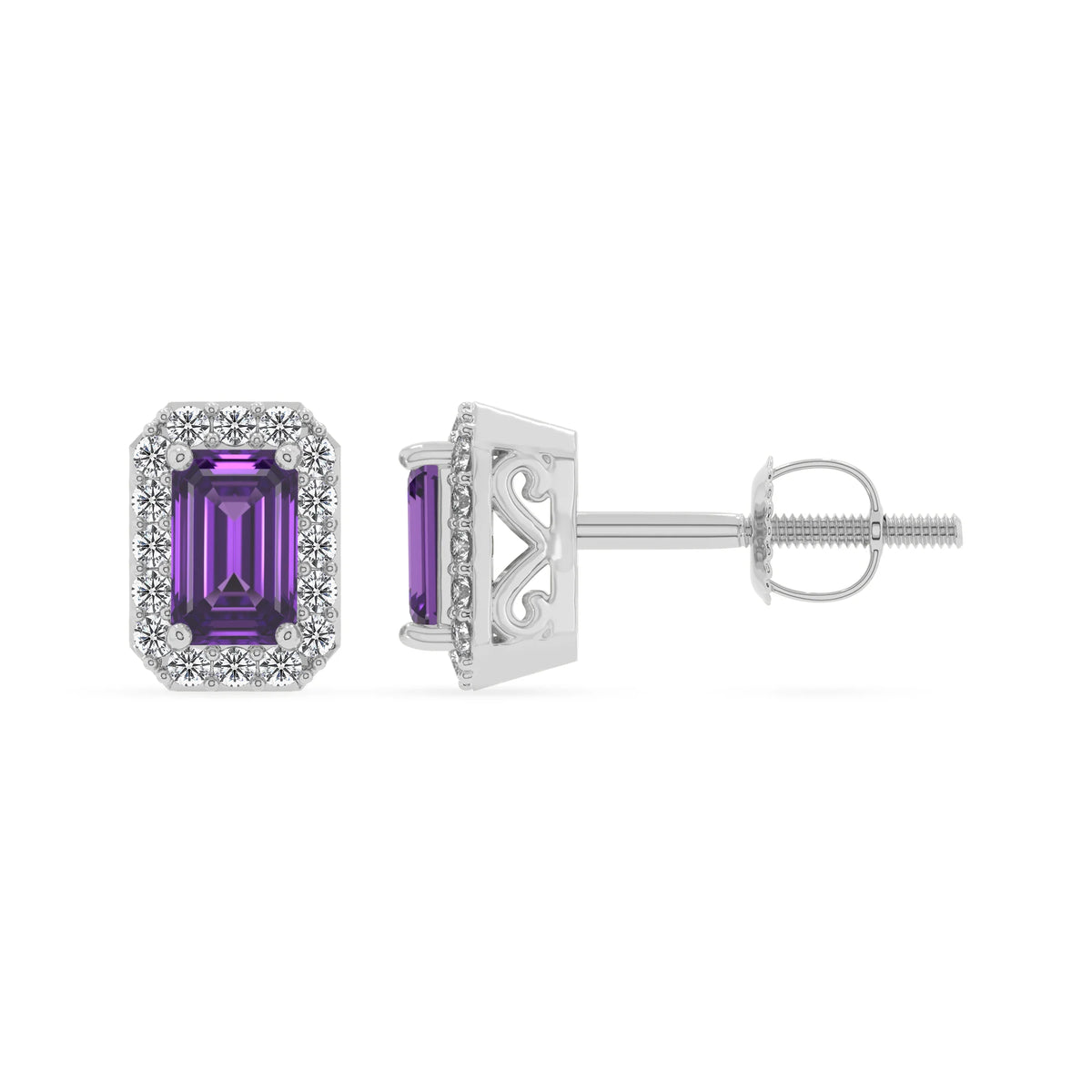 lab grown amethyst emerald cut stud earrings in sterling silver 