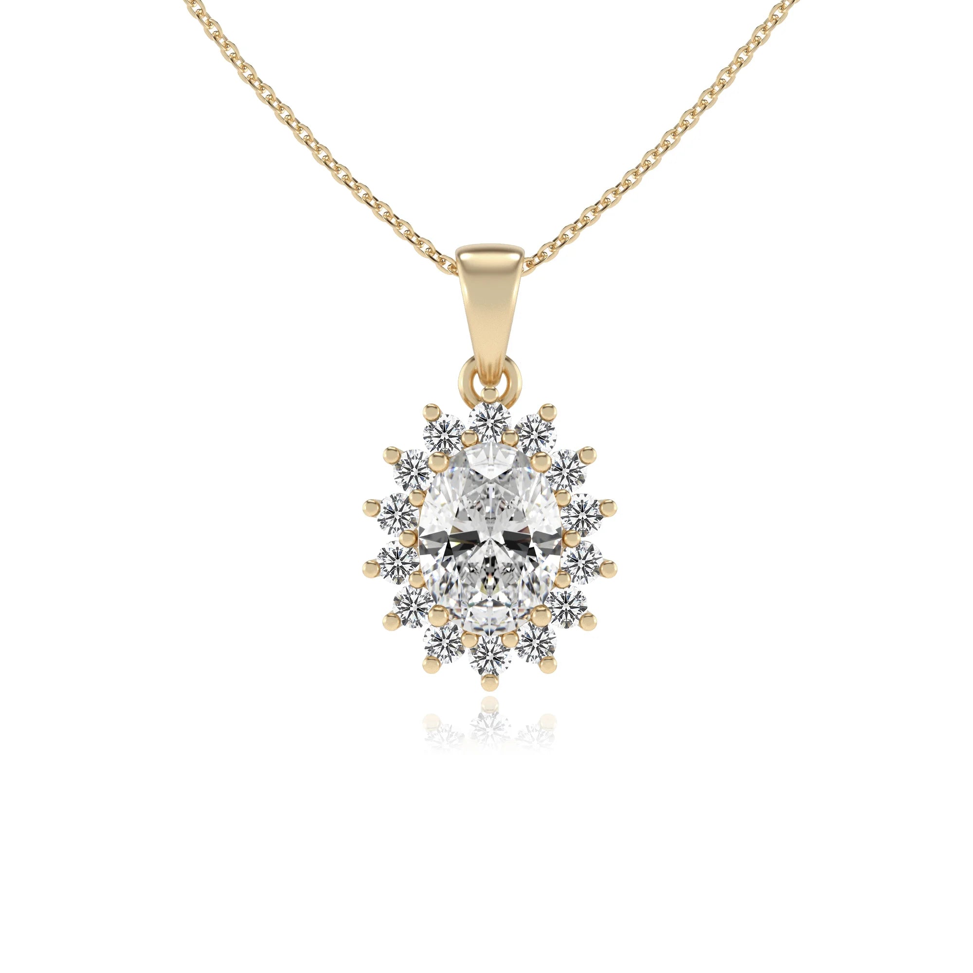 lab grown moissanite oval halo necklaces in yellow gold 