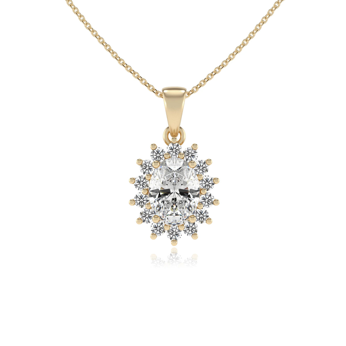lab grown moissanite oval halo necklaces in yellow gold 