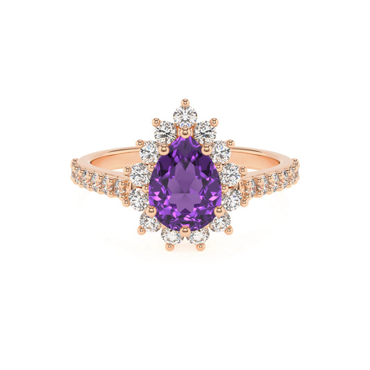 lab grown amethyst pear solitaire rings in rose gold 