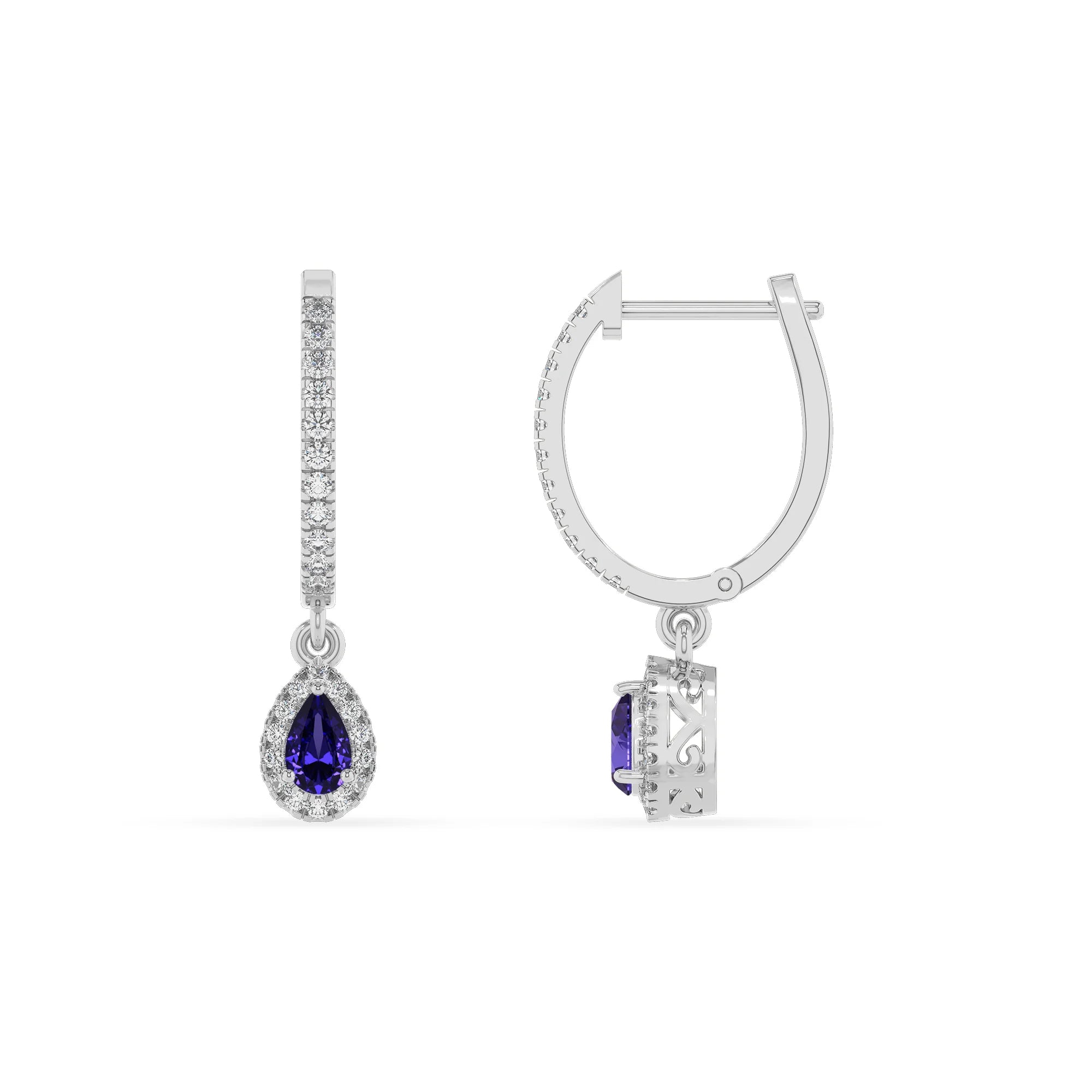 lab grown tanzanite pear drop earrings in platinum 