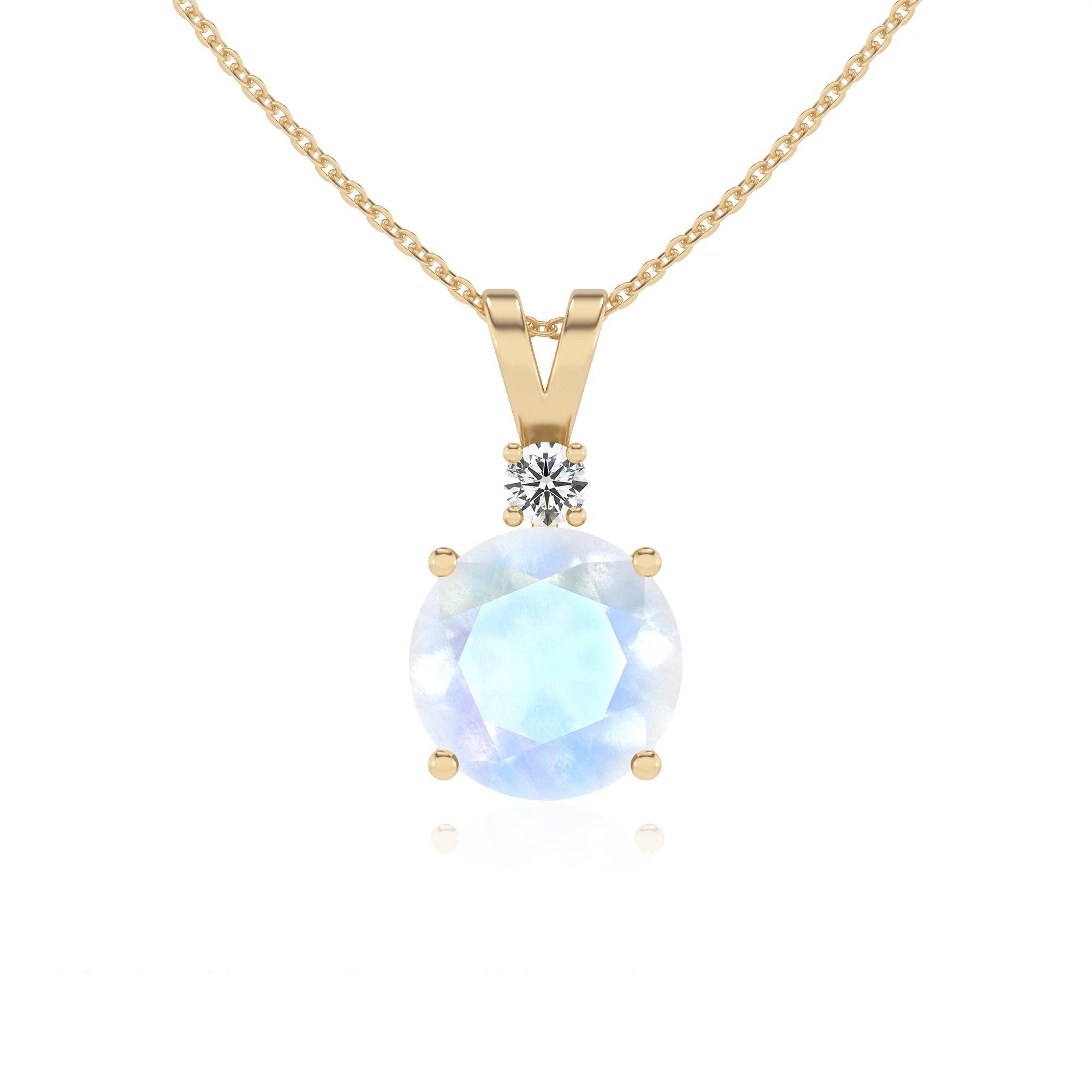 natural rainbow-moonstone round solitaire v-bale necklaces in yellow gold 