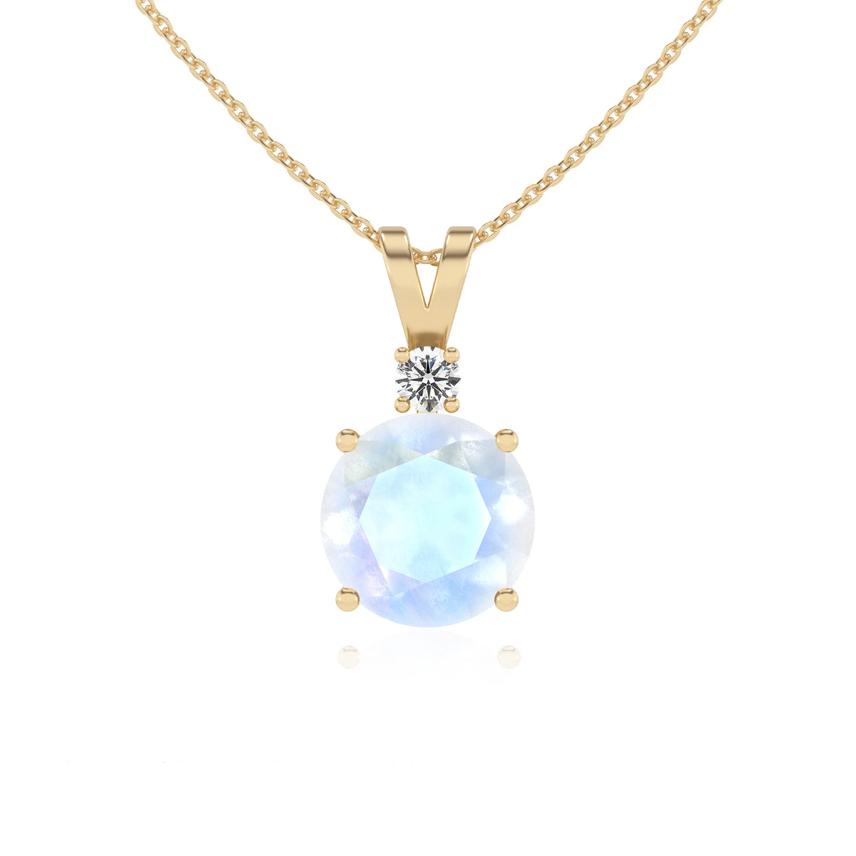 natural rainbow-moonstone round solitaire v-bale necklaces in yellow gold 